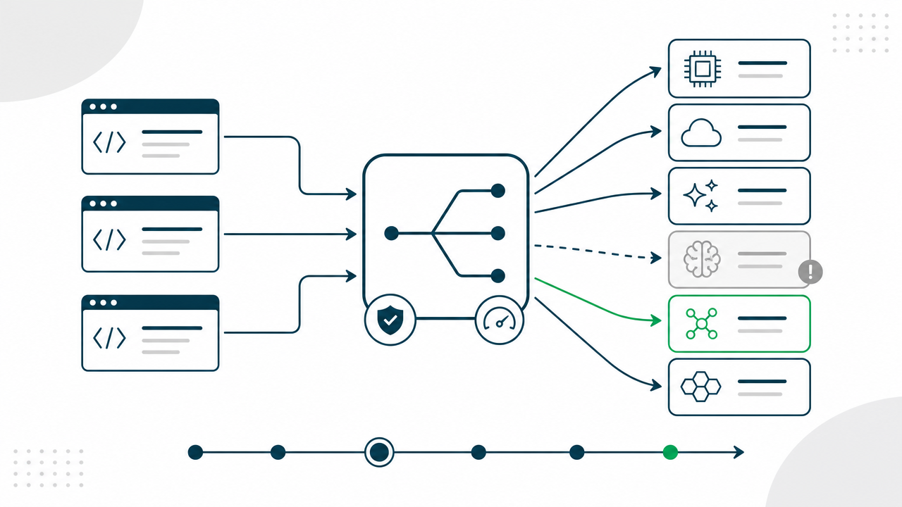 Illustration d&rsquo;une gateway LLM qui route les requêtes d&rsquo;applications vers plusieurs fournisseurs de modèles, avec bascule automatique quand l&rsquo;un d&rsquo;eux tombe